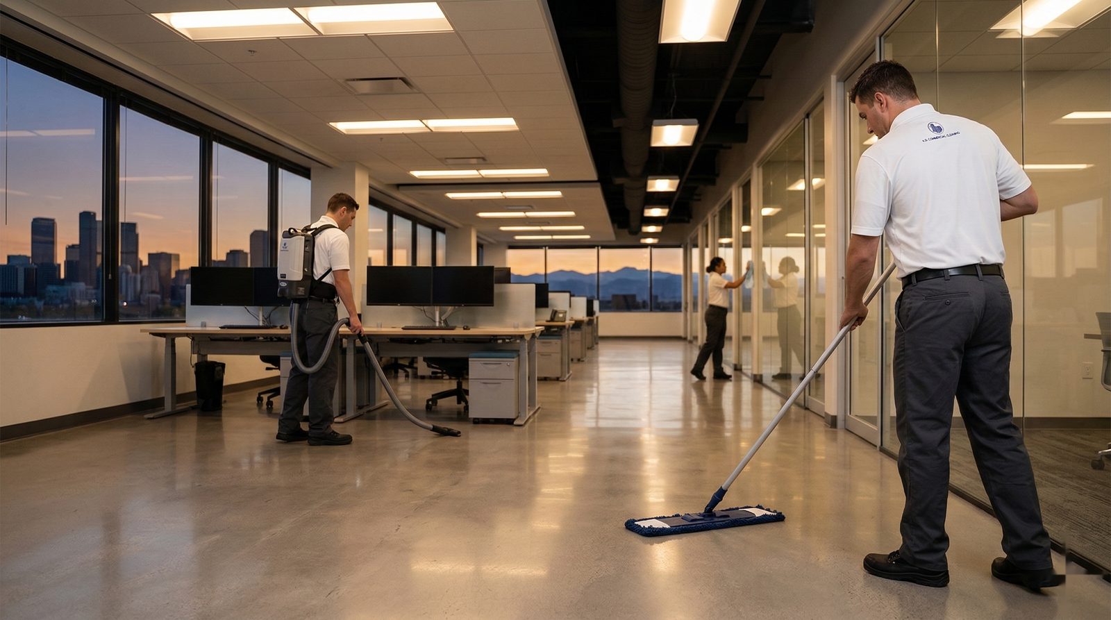KO Commercial Cleaning crew servicing a Denver office at dusk