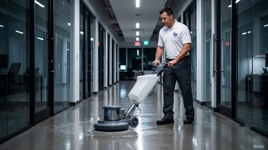K.O. Commercial Cleaning floor care in a modern office corridor